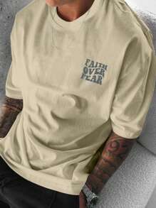 Camiseta de cuello redondo casual y minimalista, adecuada para el verano, para hombres - Caqui - Ver 2