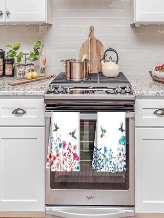 2 Pieces Set Of Ultra-Fine Fiber Kitchen Towels With Spring Flower And Bird Patterns - Cleaning Towels, Lint Free Cloths, And Hand Towels, Suitable For Cooking, Cleaning, And Decoration
