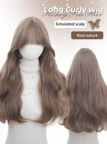 1 Synthetic Heat-Resistant Long Curly Chocolate-Brown Wig ,With Bangs, 24 Inches Long, Made Of Fiber, Suitable For Daily Use, Natural And Realistic Fake Hair - Linen Brown - View 1