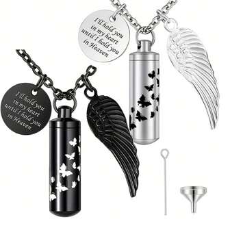 Cylinder Cremation Jewelry For Ashes Stainless Steel Butterfly Angel Wing Charm Keepsake Memorial Urn Necklace For Pet Human-I'll Hold You In My Heart Until I Hold You In Heaven