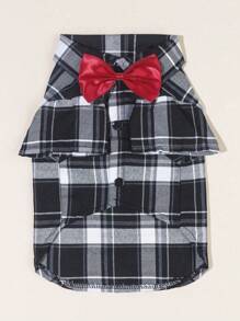 1pc Red Bow Tie & Black White Plaid Pet Shirt Set, Suitable For Indoor/Outdoor Wedding Outfit For Cats & Dogs