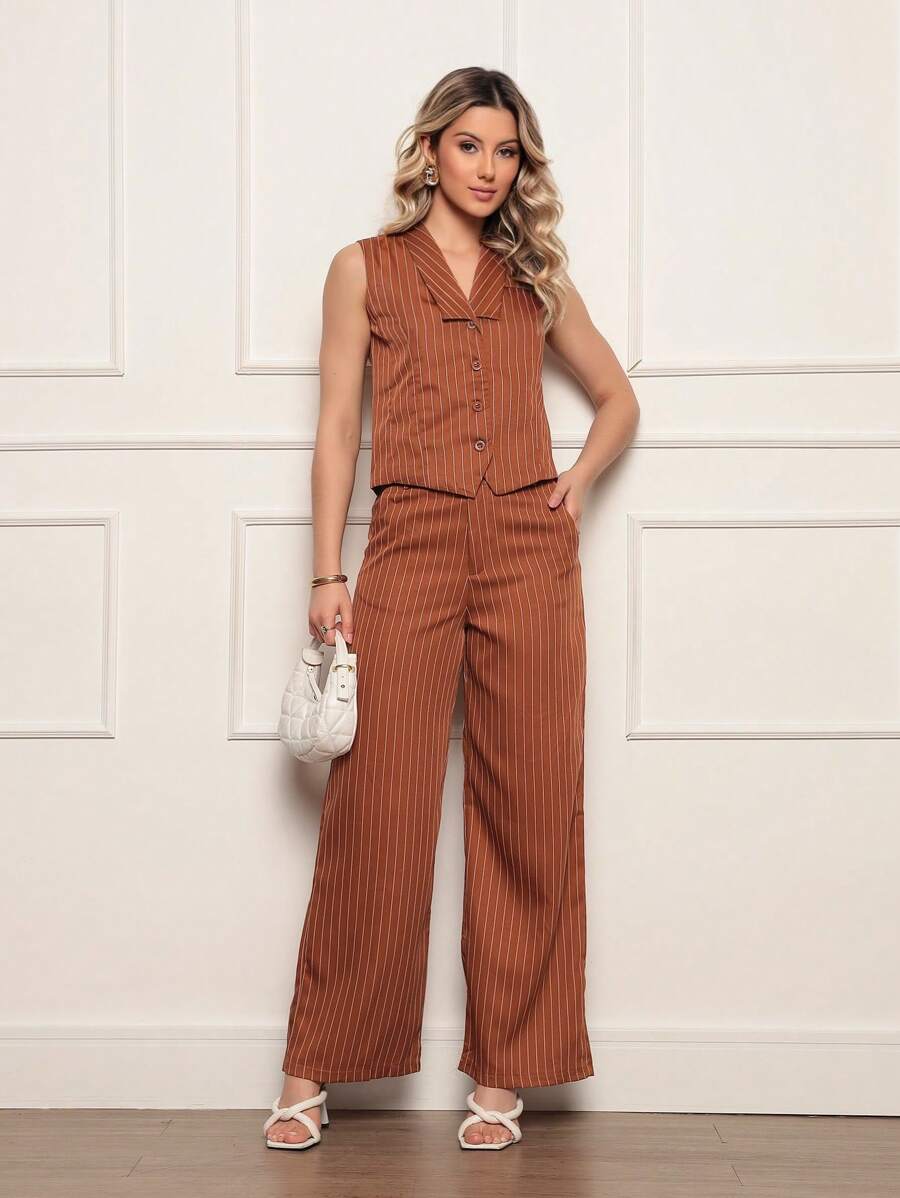 Women's Tailored Set Vest With Long Striped Formal Trousers - Rỉ Nâu - Xem 1