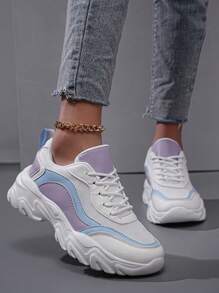 Colorful Leather Casual Sport Shoes, Comfortable, Fashionable, Lightweight, Women's Fashionable Breathable Casual Shoes, Low-Top Sneakers, Round Toe, Thick Sole, Lace-Up Closure, Student Running Shoes