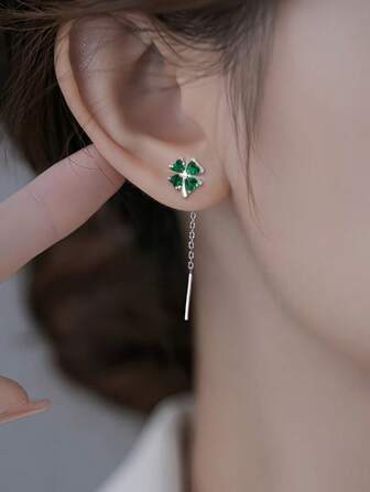 纯银四叶草流苏耳线时尚锆石花朵耳链女款绿宝石心形耳挂