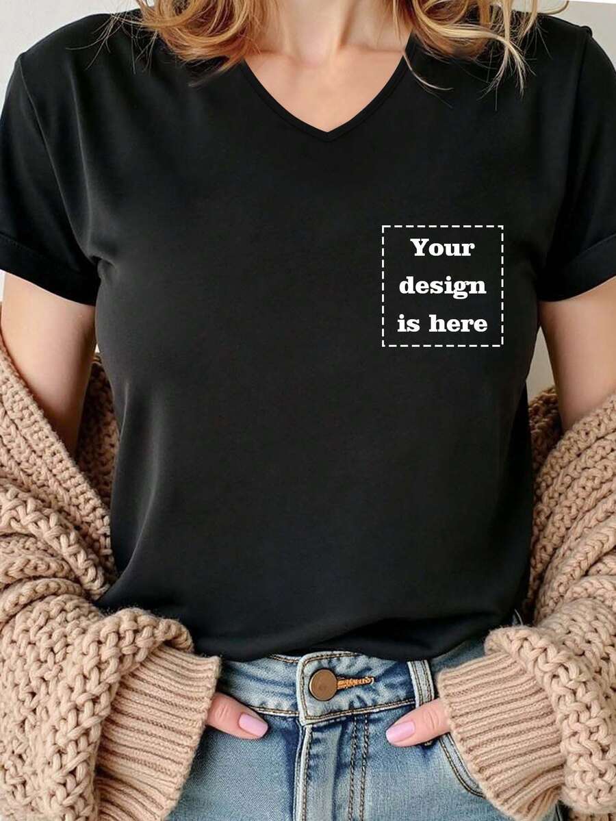 Customized Gift, Customized Women's T-Shirt - Add Your Own Text And Images (Family Photos/Selfies/Pet Photos/Friend Photos) To Design Your Own Personalized Printed T-Shirt, Fitted T-Shirt, Custom Pet Face, Youth/Couple/Family/Pet Photos, Anniversary Gift, Valentine's Day, Christmas, Thanksgiving, New Year Patterns, Logo | Business | Wedding Gift | Party | Birthday Gift,Delicate Romance,Customized Women Tops - Black - View 1