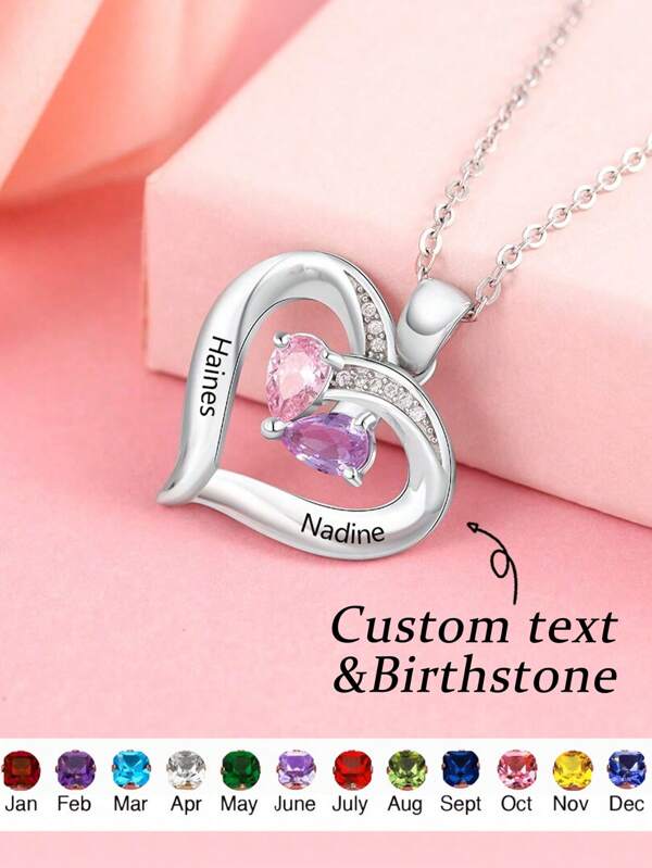 1pc S925 Diamond Heart Necklace With 2 Birthstones Customized Engraved Couple Name Necklace Valentine's Day Gift,Personalized Heart Gemstone NecklaceS925 Sterling Custom Birthstone For Women Fine Ladies Jewelery Gift Anniversary Jewelery Gift Valentines Gift Mother's Day Gift