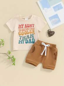 Auntie Baby Clothes Boy Short Sleeve Letters Print T-Shirt With Elastic Waist Shorts Summer Outfit - Apricot - View 3