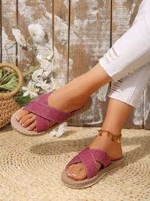 Glitterpantoffels voor dames, zomersandalen met touwzool, strandslippers voor op vakantie, glanzende instappantoffels, zachte, comfortabele binnenschoenen, sandalen die gemakkelijk aan en uit te trekken zijn, sandalen met gekruiste bandjes
