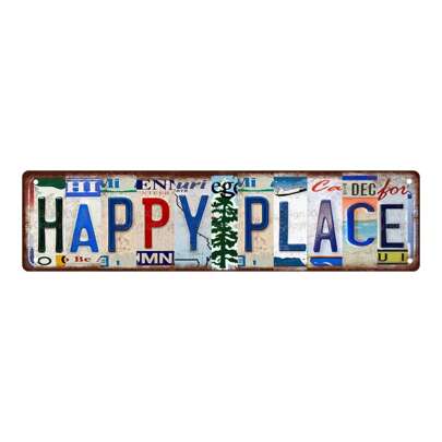 1pc Vintage "Happy Place" Metal Sign Plate, Funny Metal Poster, 2D Flat Printing, Multi-Purpose Metal Decor, Pre-Drilled Holes For Easy Hanging, Suitable For Room, Home, Kitchen, Office, Garden, Outdoor, Bedroom, Living Room, Cafe, Restaurant, Garage, Bar Decoration