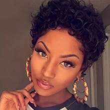 女士短卷发假发 - 采用秘鲁 Remy 真人发丝制成，蓬松的非洲纹理卷发，无胶全蕾丝假发，自然波浪，适合日常佩戴和嘉年华活动