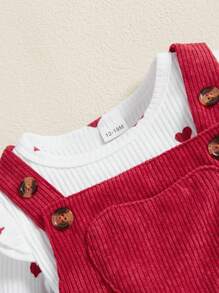 Baby Girls 2 Piece Suit Heart Pattern Ruffle Long Sleeve Round Neck Romper + Suspender Skirt - Rose Red - View 4