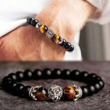 Natural Crystal Crown Lion Head Bracelet Luxury Tiger Eye Stone Bead Bracelets Jewelry