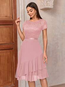 MIUSOL Contrast Floral Lace Chiffon Insert Ruffle Trim Cocktail Party A-Line Dress - Pink - View 6