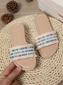 Boho Style Fluffy Tassel Slides For Girls, Woven Beige Material - Beige - View 5