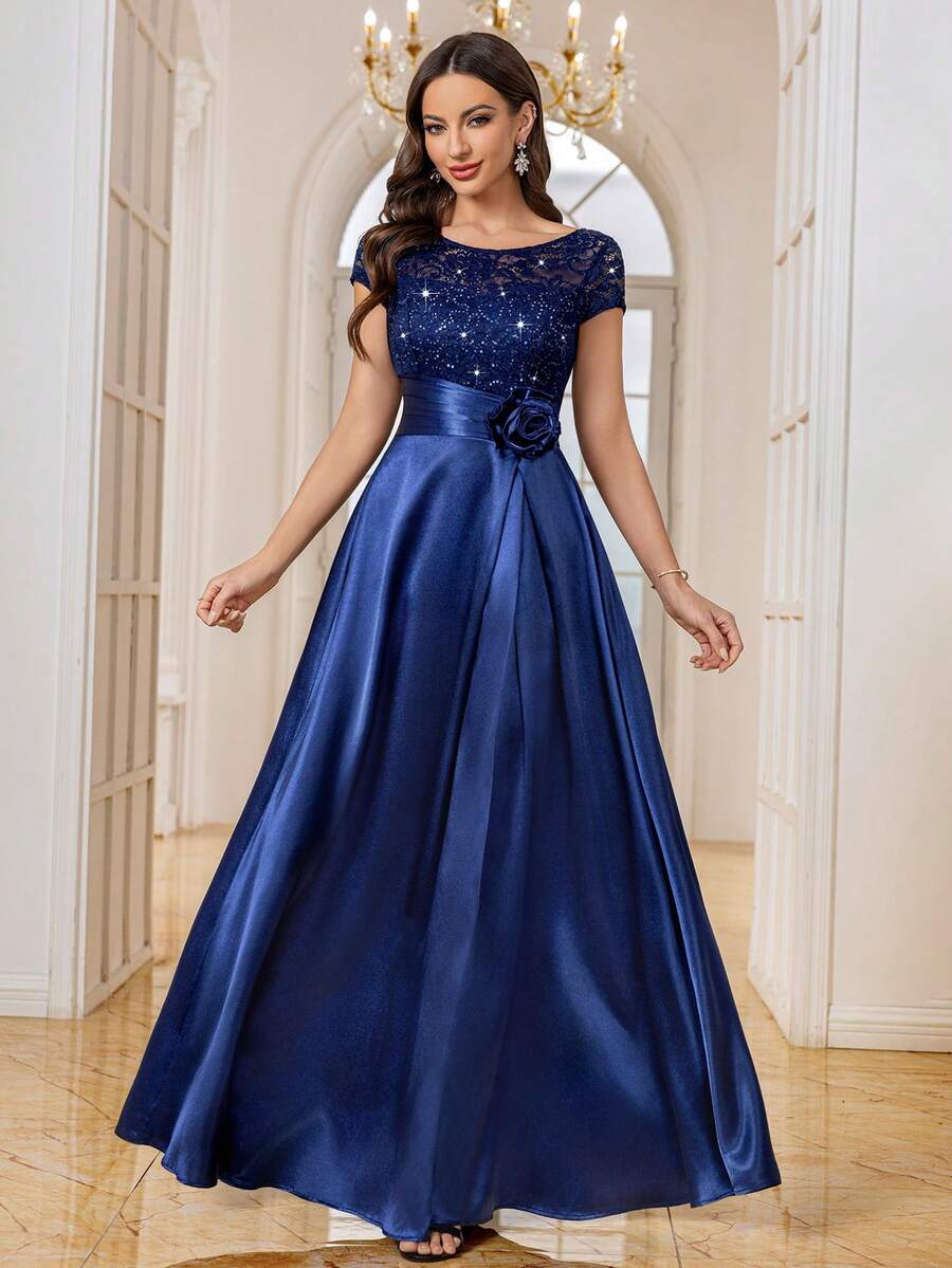 MIUSOL Vestido de fiesta formal largo con volantes, bloque de color, encaje con lentejuelas y satén para boda y primavera