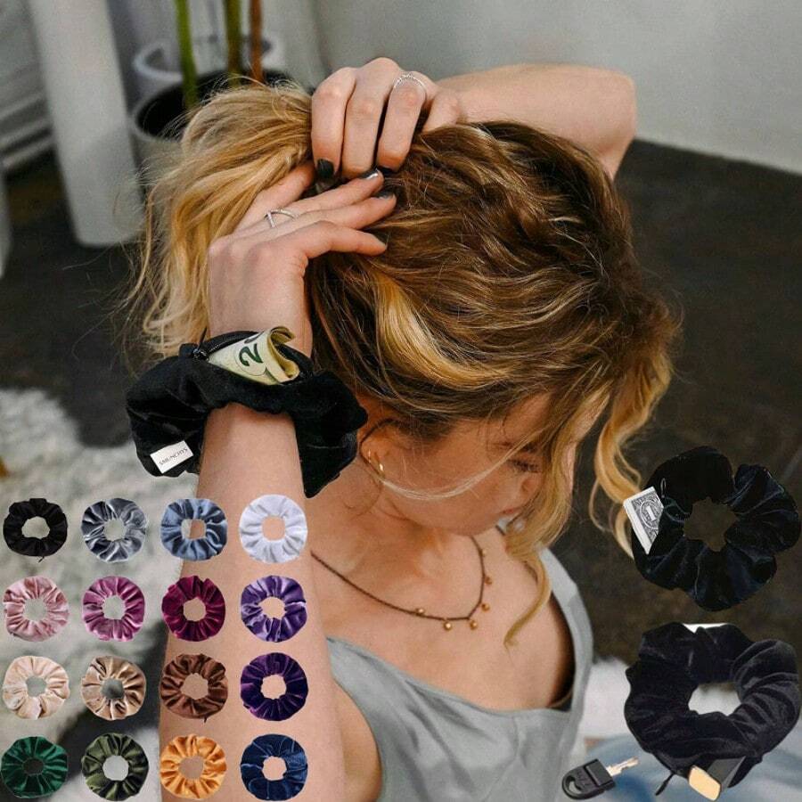 1 件拉链松紧带口袋松紧带发带收纳袋散步化妆包、耳机收纳袋口红收纳袋发带隐形拉链，带多功能隐藏式私人钱包隐藏式便携式口袋旅行必备女士大女孩用品松紧带隐形头发黑色松紧带马尾辫固定带女士（拉链随机）女士迷你钱包（颜色和款式随机）