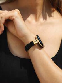 1pc Women's Double Heart Rhinestone Leather Watch Band, Personalized For Apple Watch 38/40/41/44/45/49/42/46mm, Suitable For Series 11/SE3/Ultra3/Ultra/SE/SE2/10/9/8/7/6/5/4/3/2/1 - Black Gold Buckle - View 3