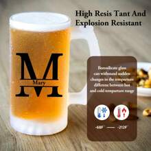 1pc, Personalized A-Z Letter Name Custom Beer Mug, 15oz Frosted Glass Beer Mug With Handle, Custom Glassware With Letter Name, Party Customized Favors,Durable,Reusable,Multi-Functional,Ornamental,Stylish,Exquisite,High-Quality,Custom,Personalized,Unique,Ideal Gifts For Him,Ideal Gifts For Her,Her,Boyfriend,Girlfriend,Dad,Mom,Family,Friends,Son,Daughter,School Students,Workers,Kids,Office,Tea Room,School,Home,Brunch-Ready