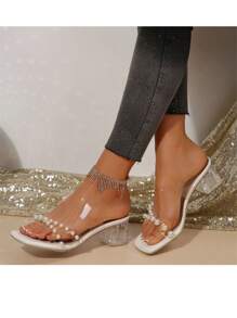 时尚透明高跟凉鞋夏季穆勒鞋，露趾水晶装饰优雅高跟鞋，适合派对、婚礼、万圣节、音乐节，适合女性 - 白色 - 查看 2