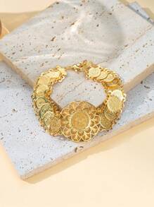 Herseygold 1pc Gold-Plated Copper Arabic Flower Coin Bracelet, Lucky Women's Bangle, Wedding Festival Gift For Ladies