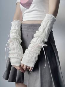 1 Pair Girls Ballet Style Arm Warmers, Autumn/Winter Fingerless Gloves Knitted Arm Sleeves With Criss-Cross Ribbon Tassel Decor, White Fingerless Gloves Arm Sleeves, Black Knitted Gloves, Y2K Streetwear Style - 251# - View 2