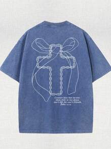 Cross, Letter Printing, Jesus, Religious Belief, God, 230 Grams Of Wax Printed Double-Sided Short-Sleeved T-Shirt, Retro Washing, 100% Cotton, Comfortable Loose Short-Sleeved T-Shirt Selected Summer Clothing. - 寶藍色 - 查看 2