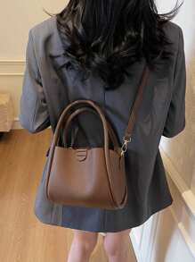 2pcs Women's Plain Color Handbag Set - Tote Bag And Crossbody Bag - Coffee - View 6