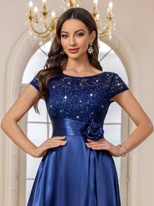MIUSOL Vestido de fiesta formal largo con volantes, bloque de color, encaje con lentejuelas y satén para boda y primavera - Azul Marino - Ver 8