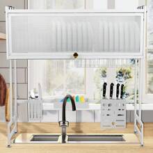 Two-Tier Dish Rack On The Sink, Multi-Purpose Shelf With Cutting Board Holder, Chopstick Holder, Knife Holder And Soap Dish, Carbon Steel Sink Organizer With Additional Baskets, 65x30x78cm / 75x30x78cm, Black / White