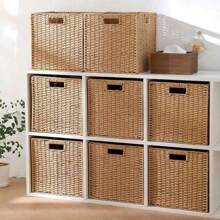 手工编织带手柄野餐篮编织洗衣篮杂物收纳盒手工可折叠立方体收纳盒用于衣服、玩具、杂物、零食、书籍可折叠收纳篮桌面装饰衣柜卡其色收纳篮桌面杂物零食收纳盒家用编织玩具摆放篮收纳器洗衣篮房间容器 - 彩色 - 查看 2