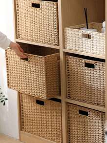 手工编织带手柄野餐篮编织洗衣篮杂物收纳盒手工可折叠立方体收纳盒用于衣服、玩具、杂物、零食、书籍可折叠收纳篮桌面装饰衣柜卡其色收纳篮桌面杂物零食收纳盒家用编织玩具摆放篮收纳器洗衣篮房间容器 - 彩色 - 查看 5