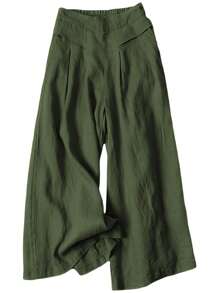 Linen Pants For Women Culottes Capris Wide Leg Palazzo Boho Pants Trousers - Army Green - View 1