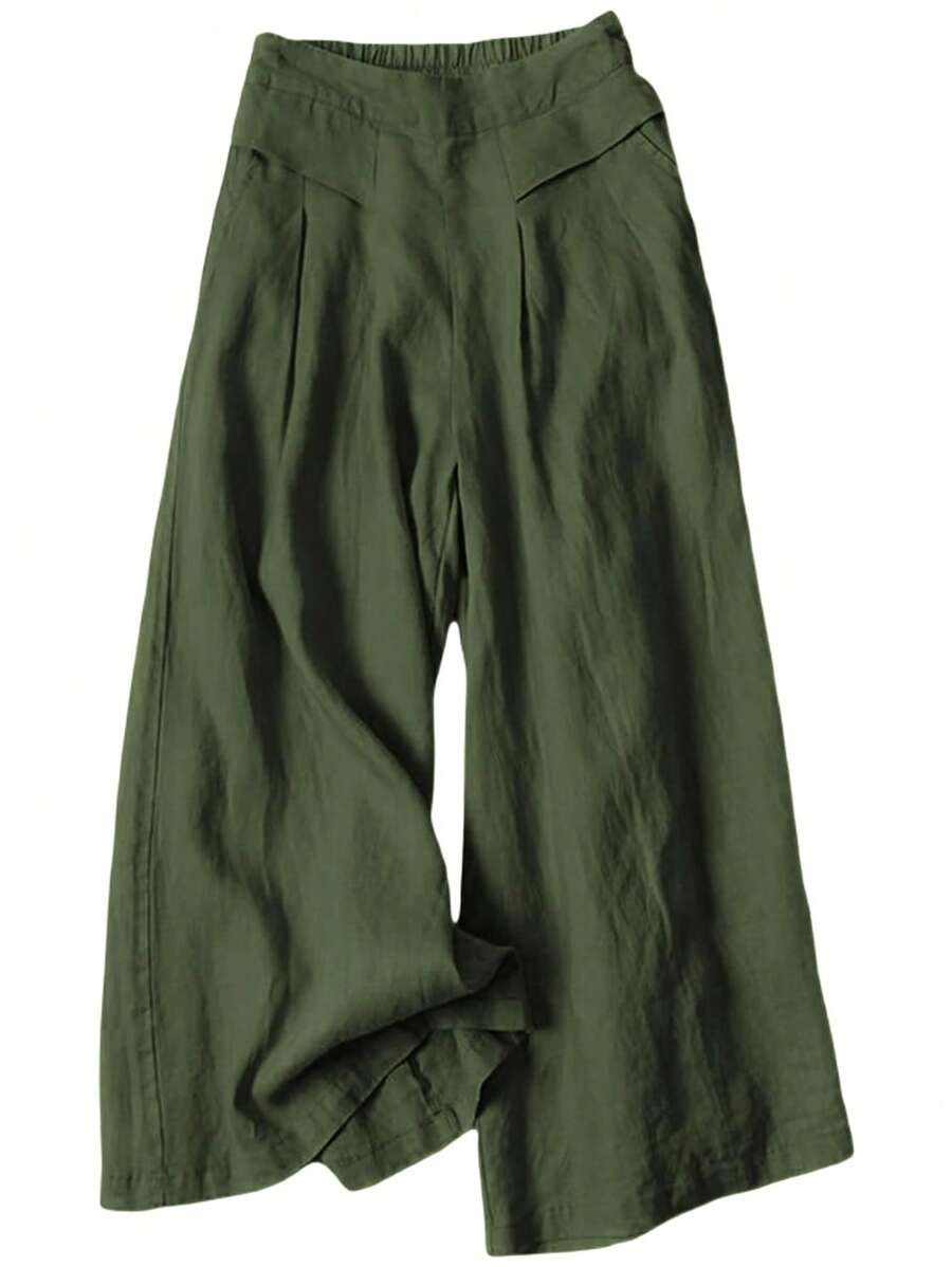 Linen Pants For Women Culottes Capris Wide Leg Palazzo Boho Pants Trousers - Army Green - View 1