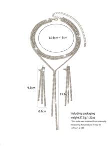 1 pièce Collier long en forme de Y luxueux avec strass + 1 paire de boucles d'oreilles à franges, ensemble de bijoux de mode convenant aux femmes, idéal pour le mariage, les fêtes et le port quotidien