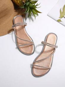 Rounded Toe PU Leather Sandals With Multi-Strap Rhinestone Decoration, Women's Casual Flat Slip-On Slippers, Suitable For Home, Leisure, Daily Wear And Beach Holiday