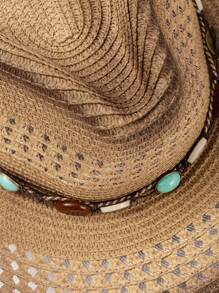 1 pieza Sombrero de paja tipo Panamá casual y bohemio con bloques de color, protección UV y a prueba de viento, versátil para hombres y mujeres, para todas las estaciones