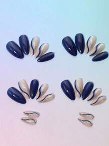 24 pièces Autocollants pour manucure française bleue minimaliste, décoration d'art pour ongles à vagues haut de gamme, convient pour les fêtes, les danses et le port quotidien. Faux ongles et fournitures pour ongles - Multicolore - Voir 3