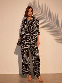 Two Pieces Set Print Vacation Black Shirt & Pants