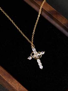 Hypoallergenic Copper - Based Gold - Plated Cross Necklace, Crown - Adorned, For Daily & Festive Wear, Set With Shimmering Cubic Zirconia