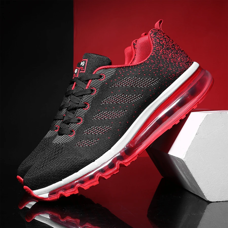 Frysen Men's/Women's Sports Shoes, Running Shoes With Air Cushion, Trainers, Tread Sole, Lightweight Shoes BlackRed 34-46 EU