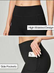 Women's High Waist Solid Flared Sports Yoga Pants Leggings Running Fitness Pants With Cell Phone Pocket - Black - View 6