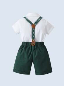 Junger Jungen Gentleman 2 Stück/set Kurzarmhemd Mit Umgedrehtem Kragen, Fliege Und Hosenträger Shorts, Perfekt Für Geburtstagsparty, Hochzeit, Show, Bankett, Usw.