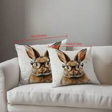 1pc Vintage Glasses Rabbit Pattern Decorative Pillow Cover, Single-Sided Peach Velvet Fabric, 45*45cm/50*50cm Cushion Cover For Modern Sofa, Living Room Decor, Gift