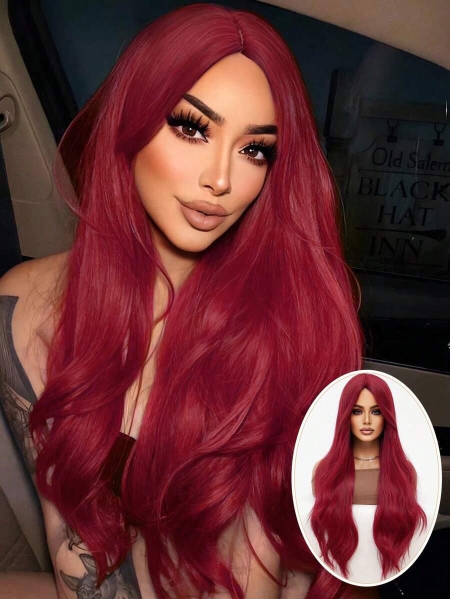 clouder Burgundy Long Hair Wavy Synthetic Wig Women Fashion Red Wig Natural Look Lightweight Breathable Center Parted Bangs Natural Look Heat Resistant Wig Braided Fiber Daily Party Use Elegant Fashion Wig Costume Wig Cosplay 34 Inch