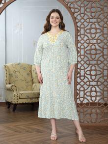 印花阿拉伯风格优雅连衣裙，贾拉比亚 2025 年，传统春夏斋戒月宰牲节 - 薄荷綠 - 查看 7