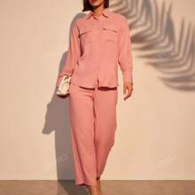 Crinkled Two Pocket Shirt & Pants 2 Pcs Set Women Pink Loungewear