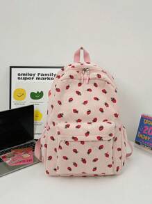 1 件草莓印花休闲轻便可折叠涤纶背包，带多个口袋，拉链开合，适合青少年、大学生、女性、日常通勤、购物、旅行、返校、毕业礼物