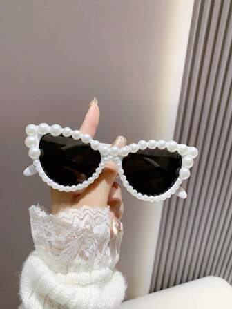 1pc Fashion Oval Frame Fashion Glasses With Faux Pearl, Colorful Cat Eye Design, Full Frame Rhinestone Decor, Personalized For Single Party, Beach, Travel, Daily Use, Driving, Going Out, Gift, Black