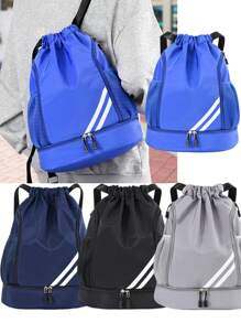 1pc Drawstring Backpack, Large Sport/Fitness Bag With 2 Zipper Pockets, Separate Shoe Compartment And Water Bottle Pocket, Suitable For Teenagers, Children, Boys And Girls