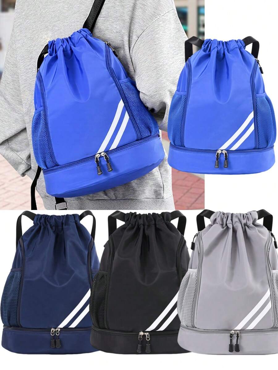 1pc Drawstring Backpack, Large Sport/Fitness Bag With 2 Zipper Pockets, Separate Shoe Compartment And Water Bottle Pocket, Suitable For Teenagers, Children, Boys And Girls